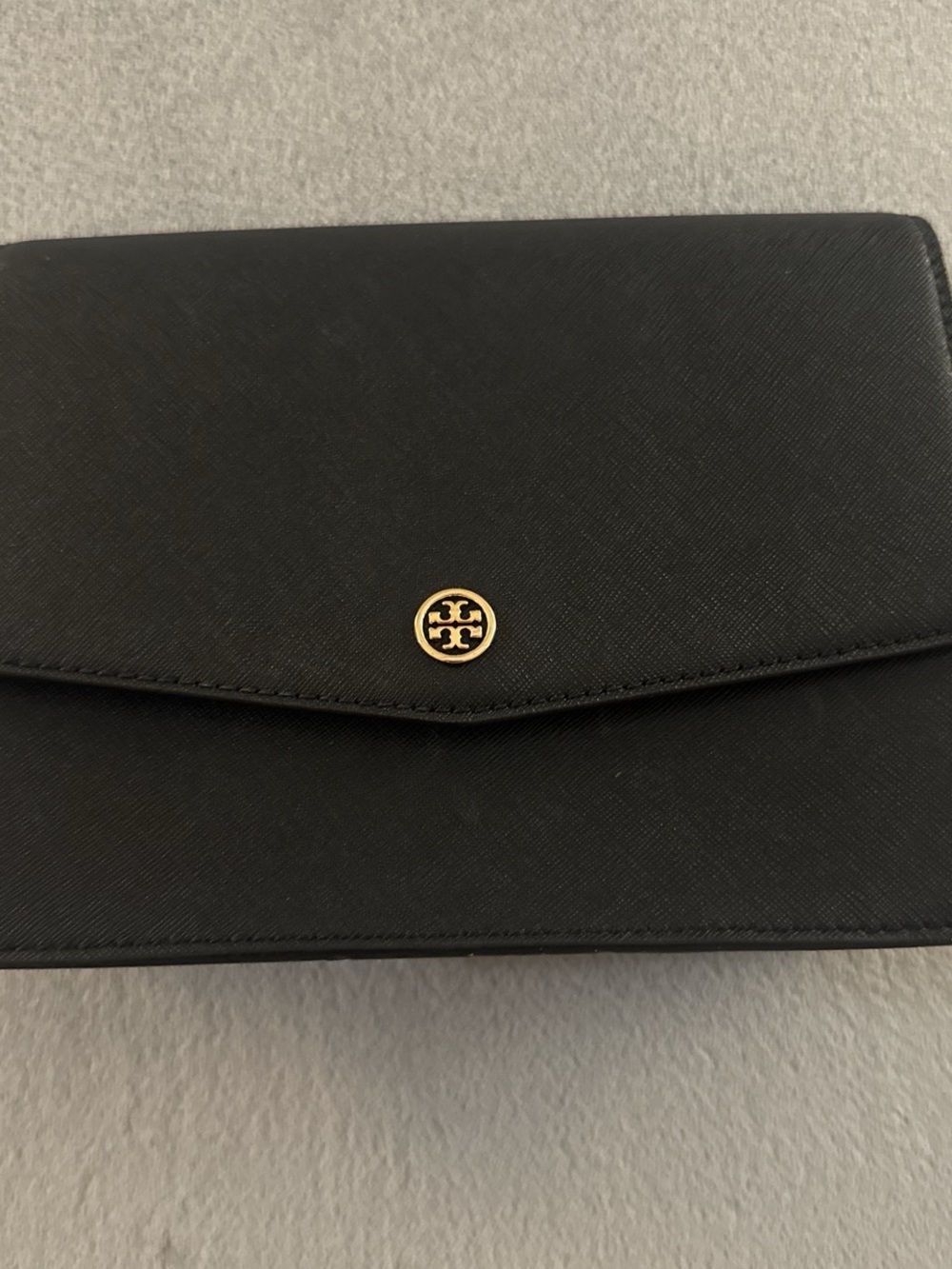Tory Burch Black Saffiano Envelope Wallet with Gold Logo